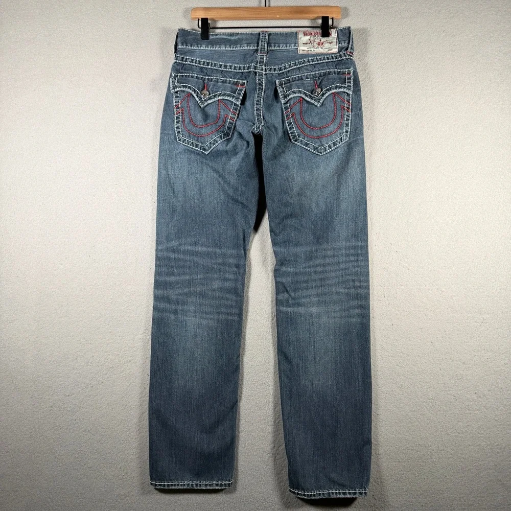 True Religion Section Slim Jeans Mens 32x31 Blue Contrast Thick Stitch 100675